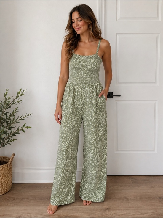 Bluenotes Pants - Bluenotes Sage Green Floral Smocked Wide-Leg Jumpsuit